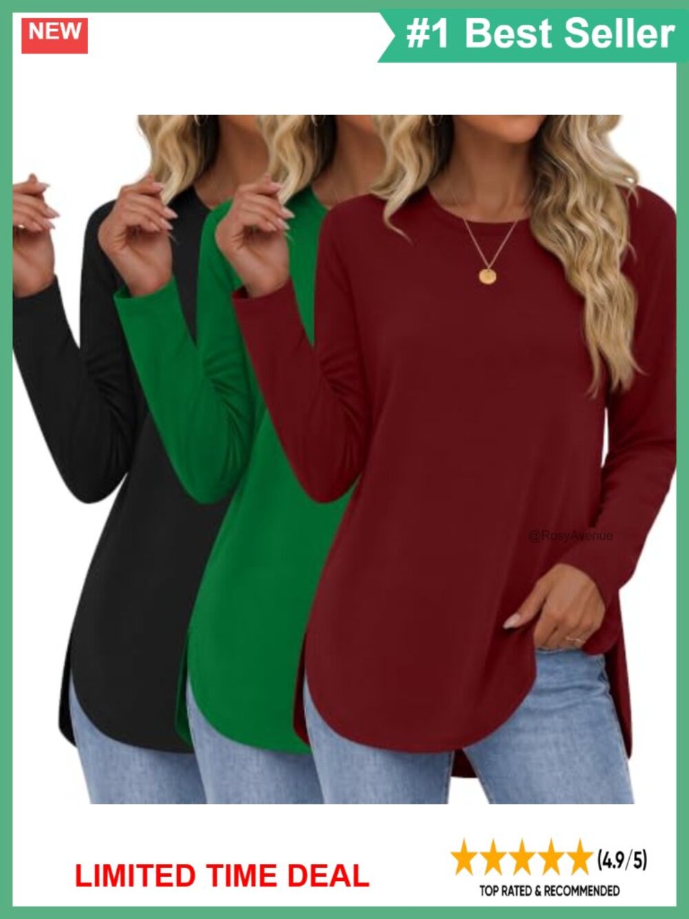 3 Pack Women's Long Sleeve Crewneck Tunic Tops Curved Hem Pullover Shirts